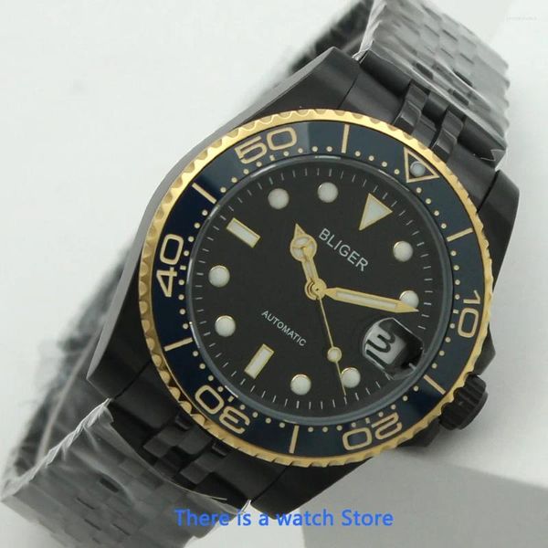 Relojes de pulsera Reloj mecánico para hombre con esfera negra de 40 mm Caja de PVD Top de lujo Cristal de zafiro Luminoso NH35 Movimiento automático