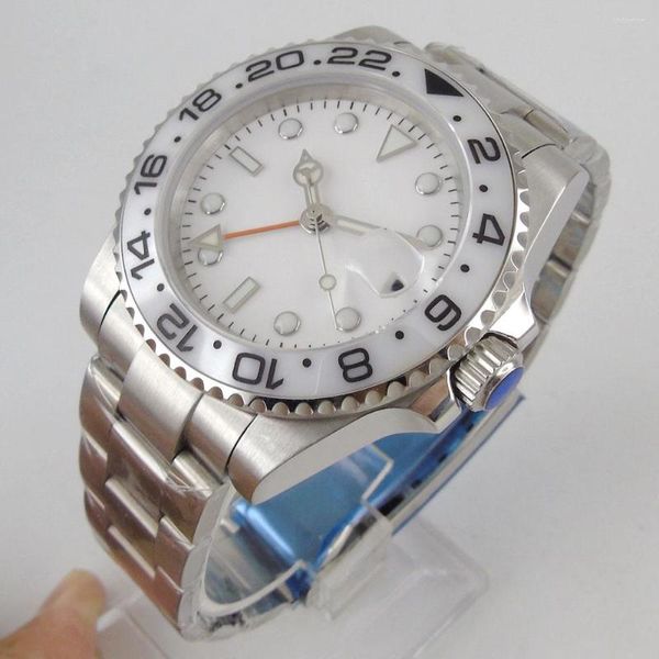 Relojes de pulsera 40 mm Marca Blanco GMT Mecánico Hombres Reloj Acero Cepillado Pulsera Screwdown Crown Sapphire Glass con lupa