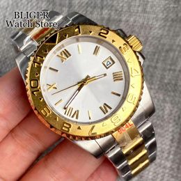 Horloges 40mm Two Tone Gold NH35A Automatische Mannen Horloge Romeinse Cijfers Zilveren Wijzerplaat Stalen Armband Saffierglas Schuifgesp