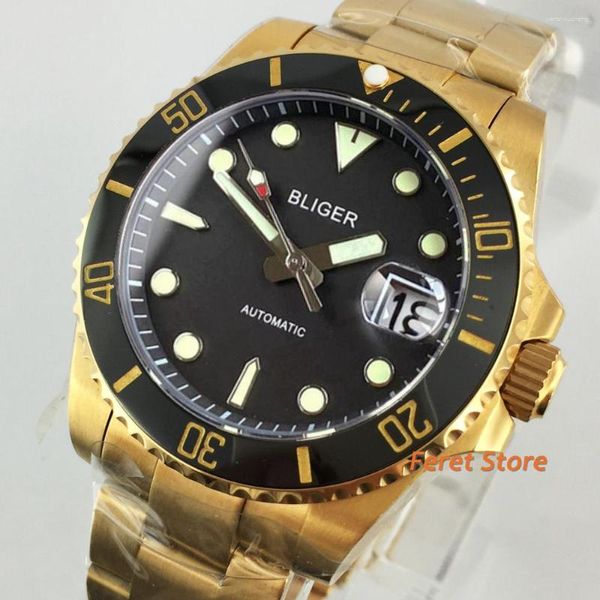 Relógios de pulso 40mm relógio estéril luminoso balck dial amarelo ouro caso inoxidável japão safira vidro nh35 automático mens