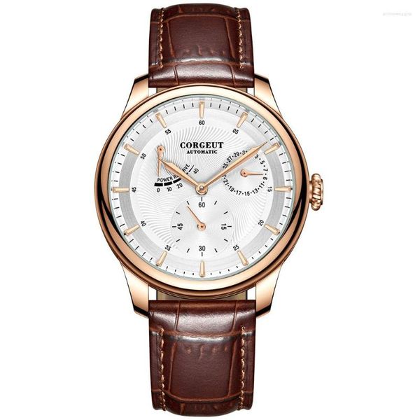 Relojes de pulsera, esfera blanca de 40mm, reloj mecánico para hombre, caja plateada de acero inoxidable, correa de cuero con fecha, reserva de energía automática