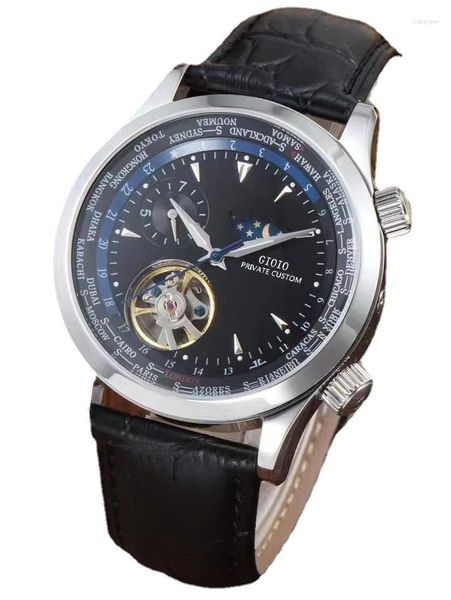 Relojes de pulsera 42 mm Reloj automático para hombre de alta calidad Mecánico Zafiro Fase lunar Año Mes Oro rosa Negro Azul Cuero Tourbillion