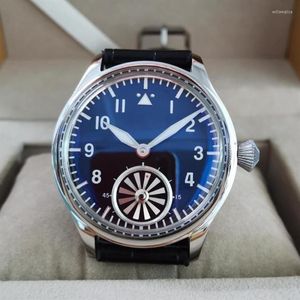 Horloges 44 mm Geen logo Mechanisch handopwindbaar herenhorloge Zwarte wijzerplaat Blauw glas Ardennen Bubble Spiegel Roterende turbine Zeemeeuw 243 m