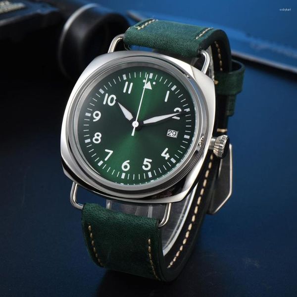 Relojes de pulsera Reloj mecánico para hombre de 45 mm Correa con esfera verde Caja de acero inoxidable 316L Casual Vintage Impermeable Caja transparente