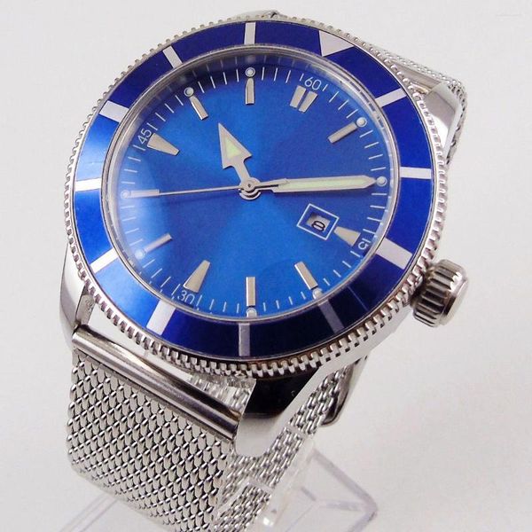 Montres-bracelets 46 mm cadran bleu lunette tournante lumineuse automatique mécanique montre pour homme