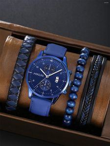 Montre-bracelets 4pc Black Classic Quartz Watch Men Diading WatchVersatile Round Simple Casual for Sports Leather Bracelet