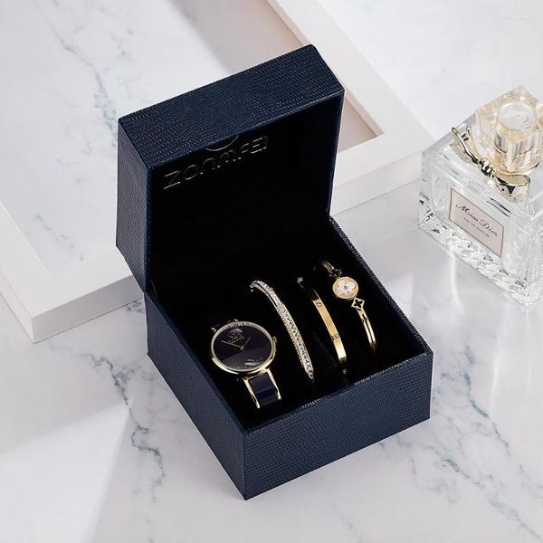 Relojes de pulsera 4 unids Relojes negros Mujeres de lujo Top Brand Reloj de negocios Reloj Azul Simple Brazalete Caja de regalo Conjuntos Relogio Feminino