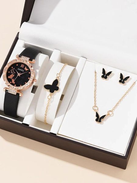 Montre-bracelets 4pcs Luxury Watch Femmes Collier Ring Boucles d'oreilles Bracelet Watchs Butterfly Le cuir bracelet pourdies Quartz Wristwatch sans boîte