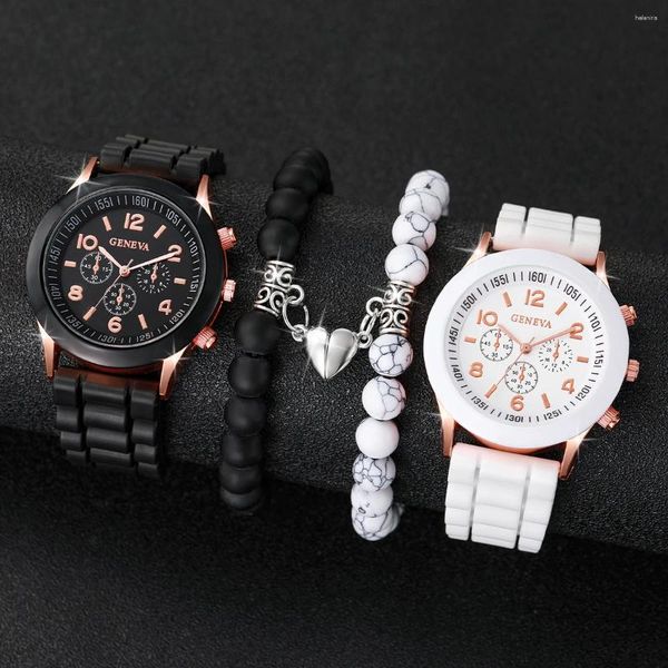 Montre-bracelets 4pcs / set Couple de mode Couple de silicone Watch With With Lover Beads Bracelet
