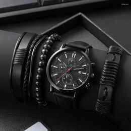 Relojes de pulsera 4 unids / set relojes para hombres de lujo de moda banda de cuero reloj de pulsera de cuarzo con pulsera reloj de regalo masculino montre relogio masculino