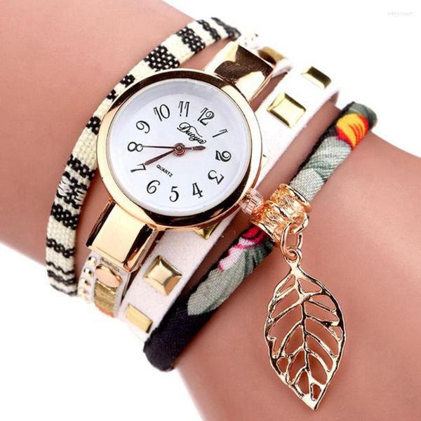 Relojes de pulsera de 5 capas con correa trenzada colorida, reloj de pulsera con lazo para mujer, reloj de pulsera de cuarzo con colgante de hoja de aleación