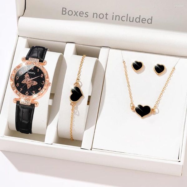 Montre-bracelets 5 PCS / Set Black Luxury Watches Fashion's Fashion Wrist-Shatch Butterfly Dials Bijoux décontractés