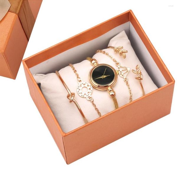 Relojes de pulsera de 5 piezas para mujer, conjunto de reloj, pulsera de cuarzo minimalista, reloj con esfera negra, elegante correa dorada, brazalete fino, regalo para mujer para esposa y niña