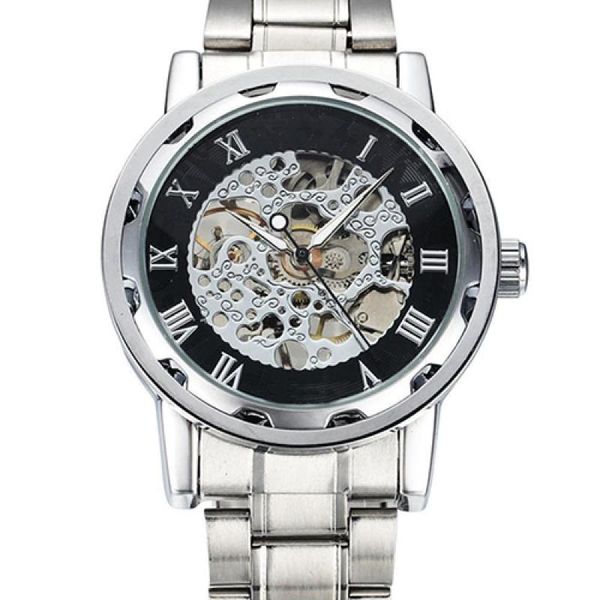 Montres-bracelets 50% S hommes squelette chiffres romains cadran creux bande en acier inoxydable montre mécanique