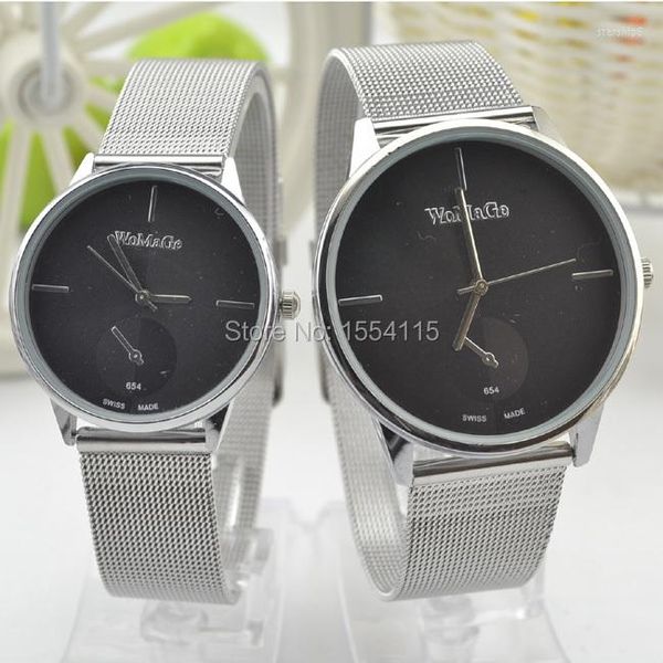 Relojes de pulsera 50pcs / lot Silver Womage Lovers' Slim Steel Band Reloj de cuarzo Parejas Regalo de Navidad 9 Color Promoción