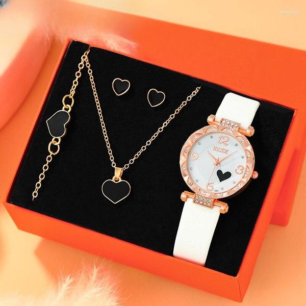 Montres-bracelets 5pcs montre à quartz délicate avec boîte-cadeau ensemble de bijoux mode décontractée ronde femmes collier en forme de coeur bracelet boucles d'oreilles