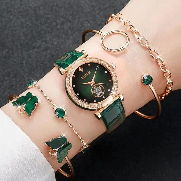 Montre-bracelets 5pcs dames mode simple star star hingestone en cuir numérique watch emerald papillon bracelet de luxe