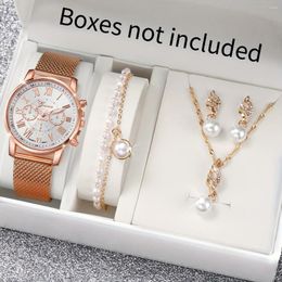 Montre-bracelets 5pcs / set Elegant Womens Fashion Fashion Quartz Watch with Roman Numerals Simulad Pearl Jewelry Set - Eargure décontracté élégant