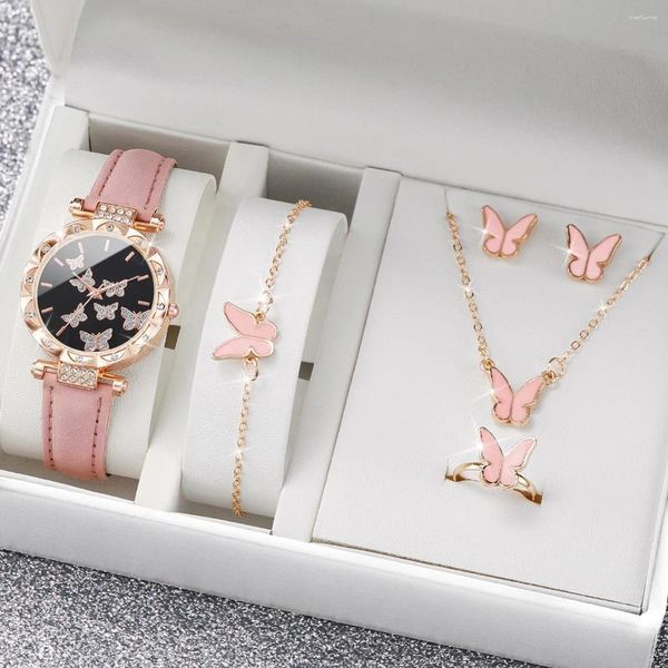 Montre-bracelets 5pcs / set Fashion Butterfly Femmes Watchs Bijoux Set Luxury Rhinestone Femme Leather Band Quartz Watch (sans boîte)