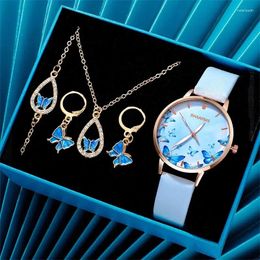 Montre-bracelets 5pcs / set Fashion Creative Butterfly Dial Quartz Watch For Women Leather Strapwatch Wrist Ladies Simple Watches Relogio Feminino