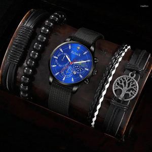 Polshorloges 5 -standset Fashion Mens Business Watches for Men Black Tree Life Hand Rope Luxe man Sport Casual Nylon Strap Quartz Watch