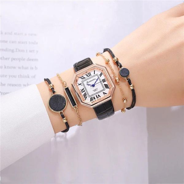 Montre-bracelets 5pcs / set Fashion Square Dial Roman Scale Women Leather Casual Watch