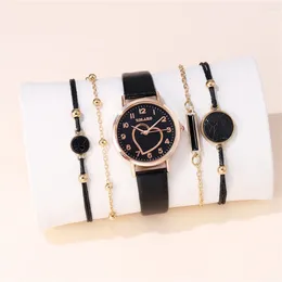 Polshorloges 5 stcs/set mode mode zoete hartstijl dames lederen kwarts horloge