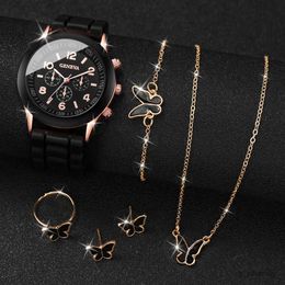 Polshorloges 5 stcs/set Geneva Women Fashion Sile Band Quartz Butterfly Jewelry Setwithout Box