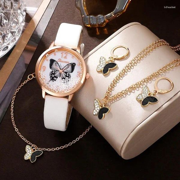 Montre-bracelets 5pcs Set Luxury Watch Watch Femme Butterfly Collier Boucles Bracelet Watches Band en cuir Mesdames Simple Robe Quartz Wristwatch