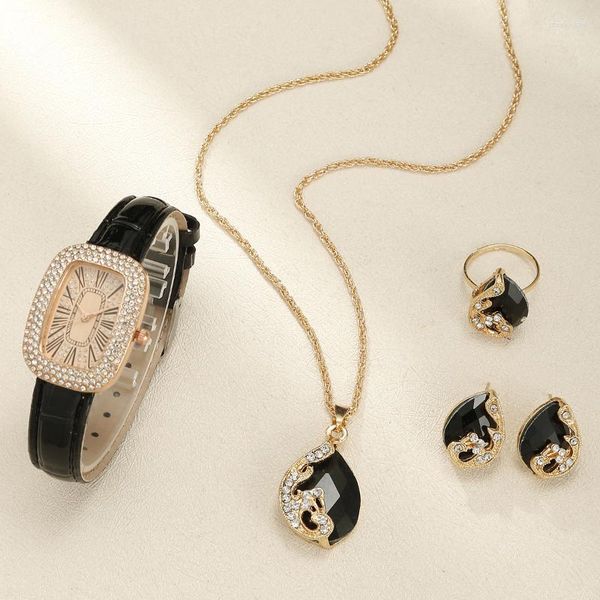 Relógios de pulso 5 pçs / conjunto relógio de luxo mulheres anel colar brincos relógios pulseira de couro presente senhoras relógio de pulso de quartzo sem caixa