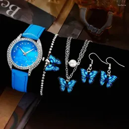 Montre-bracelets 5pcs Set Women Fashion Quartz Watch Female Clock Blue Blue Rapport Design Dames Le cuir en cuir Montre Femme