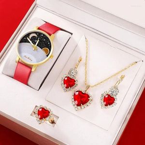 Montre-bracelets 5pcs Set Femmes Fashion Quartz Watch Female Clock Red Starry Sky Dial Design Dames Le cuir en cuir Montre Femme