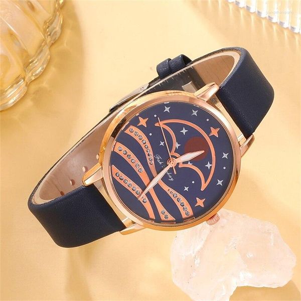 Relojes de pulsera 5 unids / set Mujeres Moda Reloj de Cuarzo Reloj Femenino Reloj Luna Dial Diseño Relojes Simples Damas