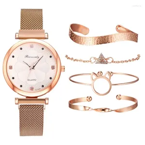 Polshorloges 5 stks/set dames modieuze en minimalistische mesh -riemmagneet kwarts horloge armband set
