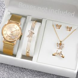 Polshorloges 5 stks/set dames horloges diamant vlinder sieraden set mode gouden plastic band kwarts horloge