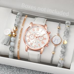 Polshorloges 5 stcs/set dames horloges witte turquoise kralen armbanden set mode Genève Watch lederen band kwarts polswatch (zonder doos)