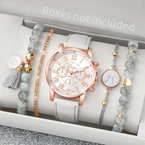 Mujeres de pulsera 5pcs/set Women Watches White Turquoise Beads Bracelets Set Fashion Ginebra Watch Band Wall Wallwatch (sin caja)