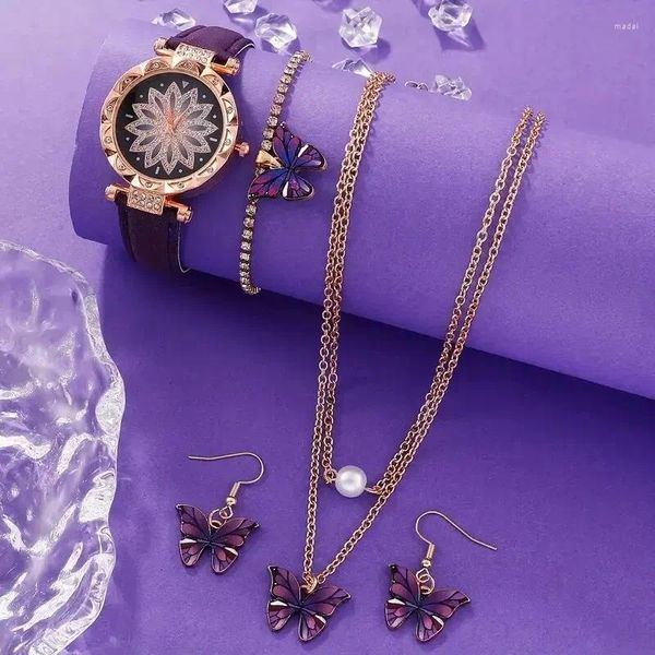 Montre-bracelets 5pcs Fashion Fashion Trend Designer Sunflower Digital Pointer Belt Quartz Watch Purple Butterfly Boes Boucles Bracelet Bracelet