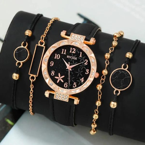 Muñecos para pulseras 5pcs Reloj de cuero negro de cuarzo para mujeres y 4 paneles informales elegantes