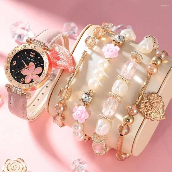 Muñecos de pulsera 5pcs Juego de relojes de mujer Fashion informal Rosa cuarzo Pulsera