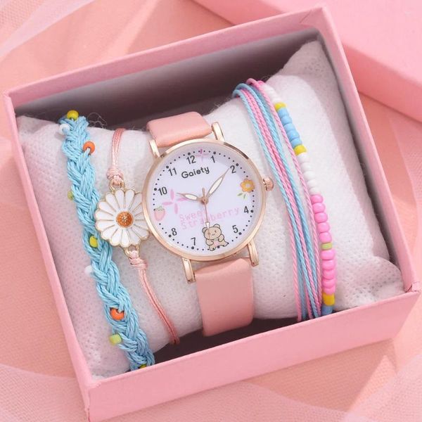 Montres-bracelets 5pcs Femmes Montre Bracelet Ensemble Cuir Mignon Ours Filles Montre-Bracelet Mode Dames Quartz Horloge Étudiants Cadeau