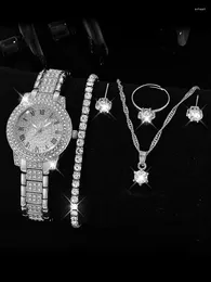 Montre-bracelets 6pcs Fashion Luxury Diamond Set Women's Steel Band Quartz Watch Collier Boucles d'oreilles Boucles Ring