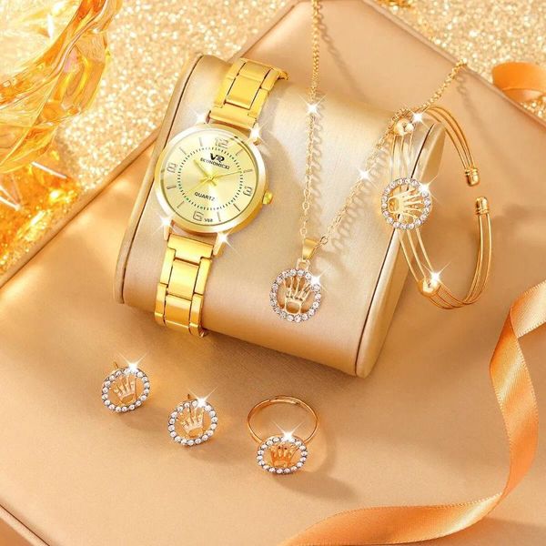 Montre-bracelets 6pcs dames mode simple Designer Star Digital Rhinestone Steel Band Quartz Watch Luxury Crown Jewelry Sett