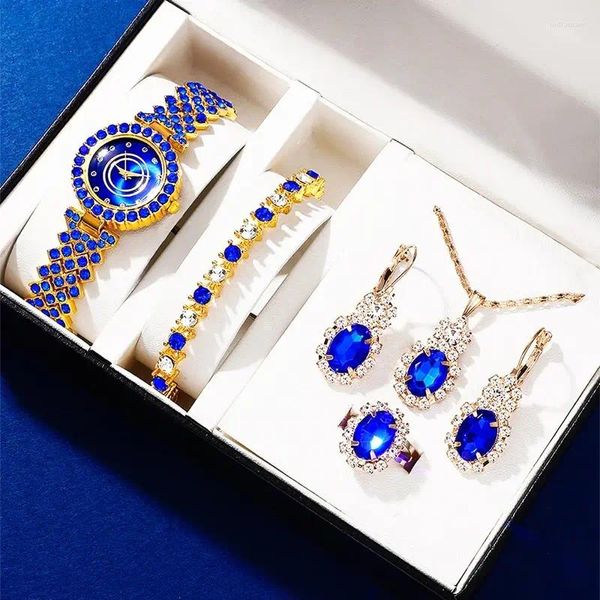 Montre-bracelets 6pcs Set Blue Luxury Watch Femmes Collier Ring Collier Brûle d'oreille Richeau de la mode