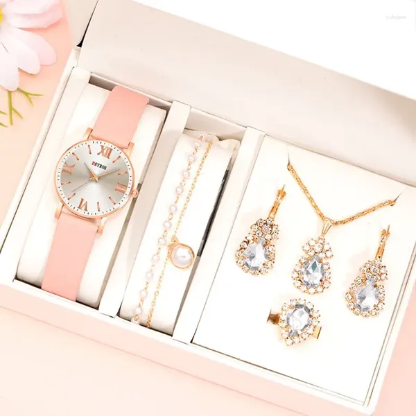 Relojes de pulsera 6 unids / set moda mujer joyería relojes simples señoras rosa cuero reloj de cuarzo collar para mujer pendientes pulsera muñeca