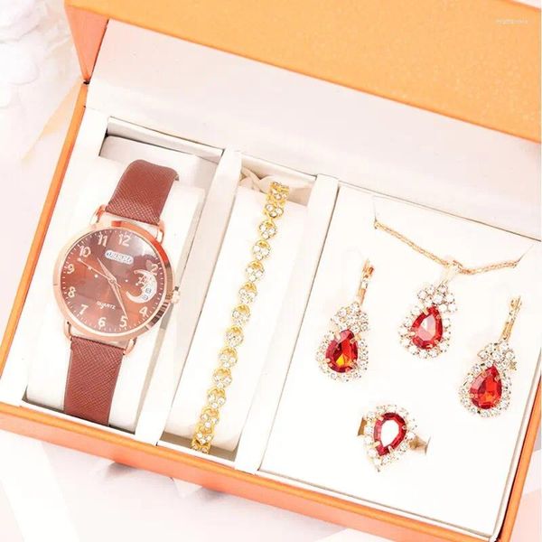 Relojes de pulsera Conjunto de 6 piezas Moda Mujer Estrellas Luna Relojes Vestido de mujer Reloj de cuarzo de cuero marrón Collar para mujer Pendientes Pulsera Reloj de pulsera