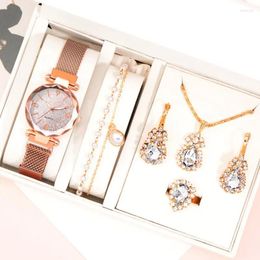 Relojes de pulsera Conjunto de 6 piezas de relojes de moda para mujer, correa de malla magnética simple para mujer, reloj de cuarzo, collar para mujer, pendientes, pulsera, reloj de pulsera, regalos