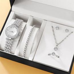 Relojes de pulsera Conjunto de 6 piezas de reloj de lujo para mujer, anillo, collar, pendiente, reloj de pulsera de moda con diamantes de imitación, relojes informales para mujer, reloj de pulsera