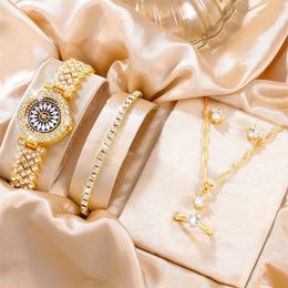 Horloges 6 STKS Set Luxe Horloge Vrouwen Ring Ketting Oorbellen Mode Horloge Vrouwelijke Casual Dames Horloges Armband Klok 230905