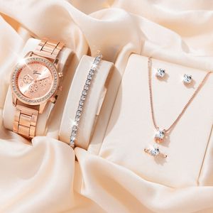 Relojes de pulsera 6 unids / set reloj de lujo mujeres anillo collar pendientes moda reloj de pulsera femenino casual señoras relojes pulsera reloj 230802